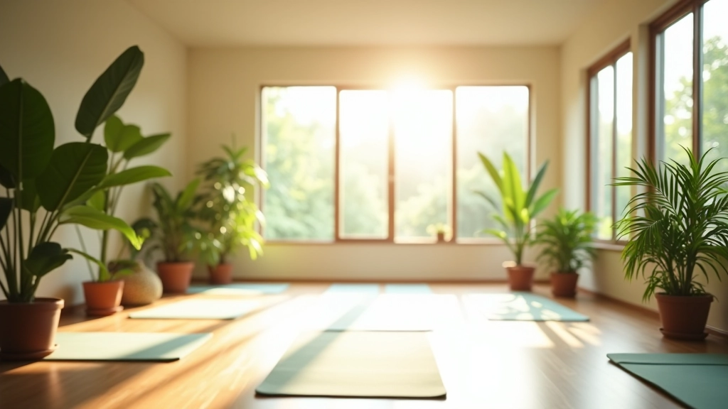 Serene meditation space with soft natural light filtering through windows, peaceful atmosphere