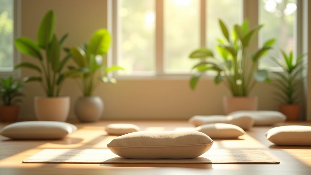 Meditation studio environment with cushions and natural lighting