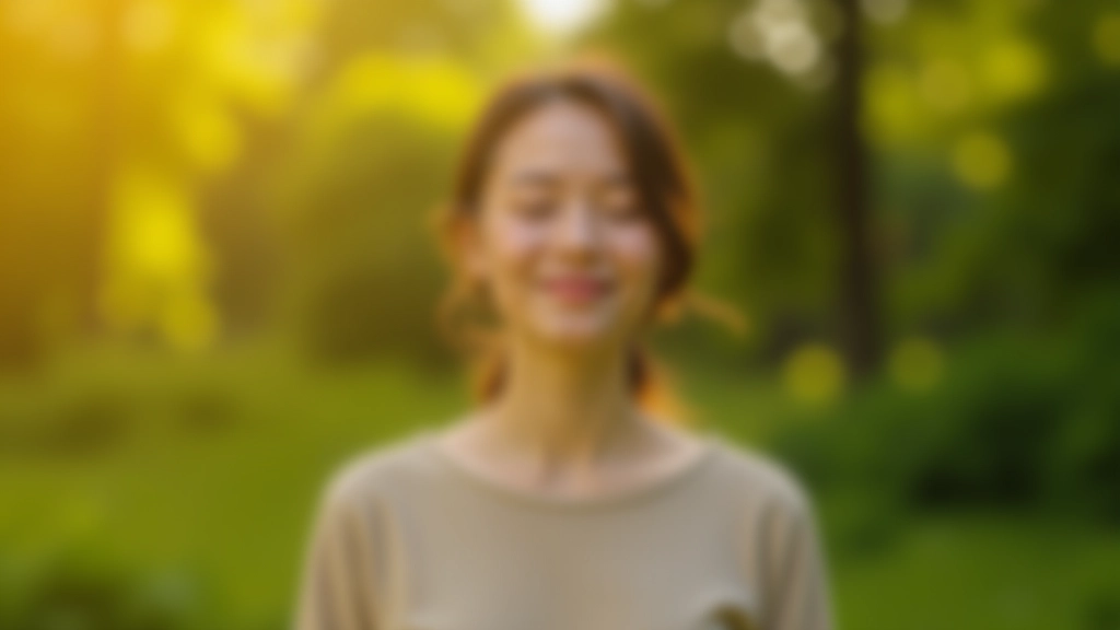 Person outdoors practicing mindful breathing with eyes closed and serene expression in natural setting
