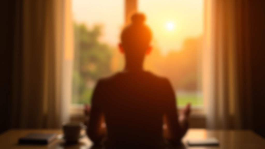 Morning scene with person at window looking out at sunrise, coffee mug on table beside journal and pen