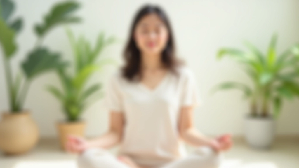 Person in meditation posture with peaceful expression in minimalist room with plants