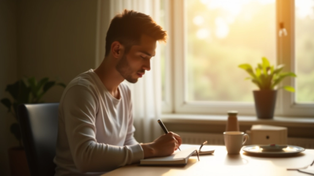 Person writing in journal during morning reflection with tea or coffee nearby